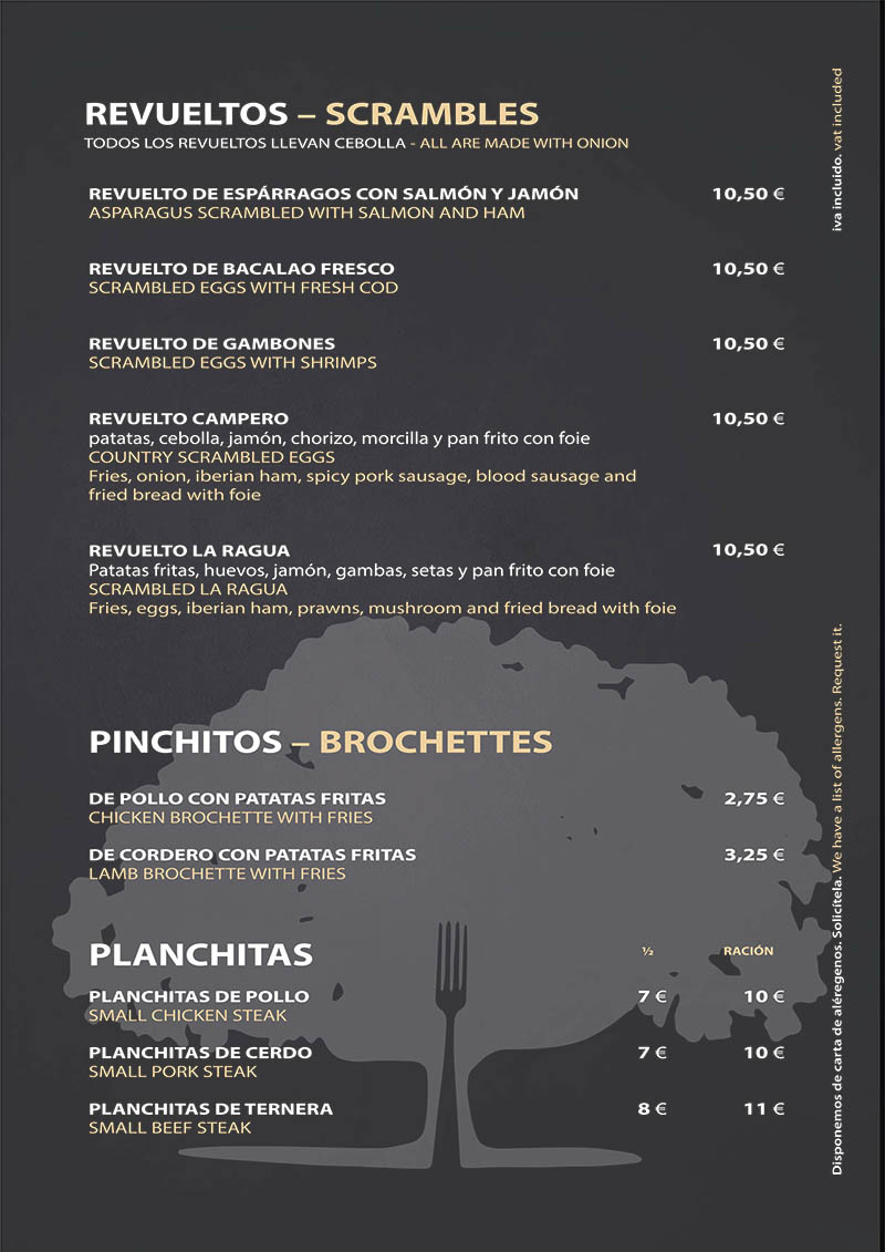 Carta Restaurante La Ragua 2022